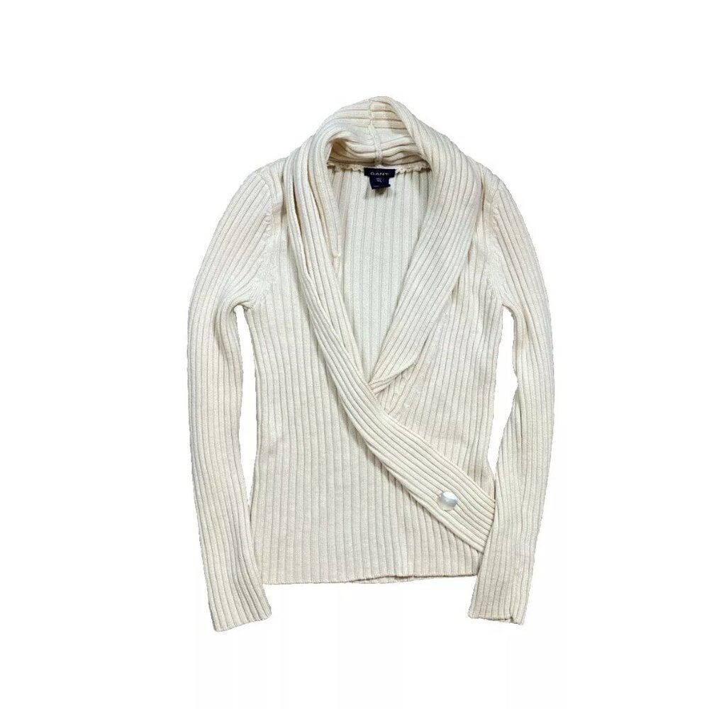 Gant Women's Ribbed Shawl Sweater Creamy Beige Small Mercerized Merino Wool Top